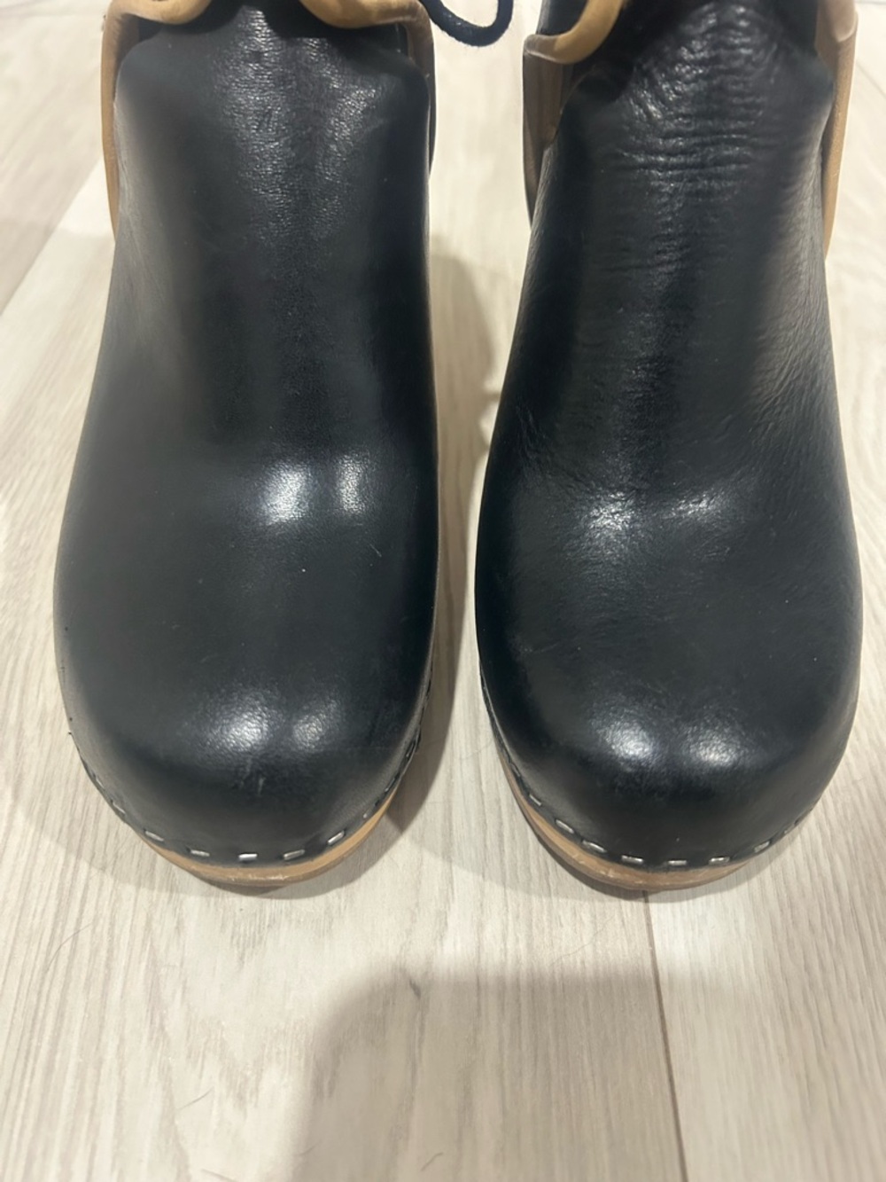 Swedish Hasbeen Leather Lace-Up Clog Heels with Natural Wood Sole - Picture 6 of 6